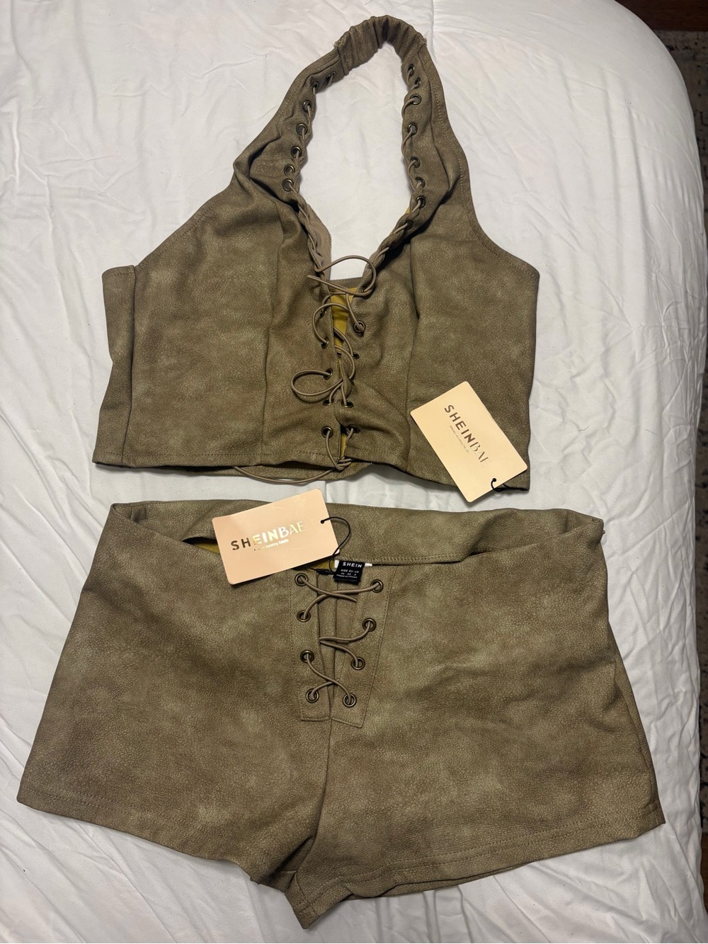 SHEIN Olive Lace-Up Halter Crop Top & Shorts Set - Suede-Look